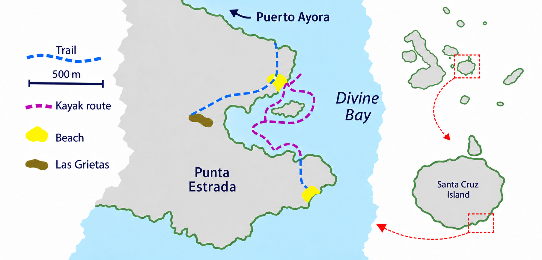 Map of Las Grietas, Punta Estrada and Divine Bay, showing the walking trail, beaches and kayak route.