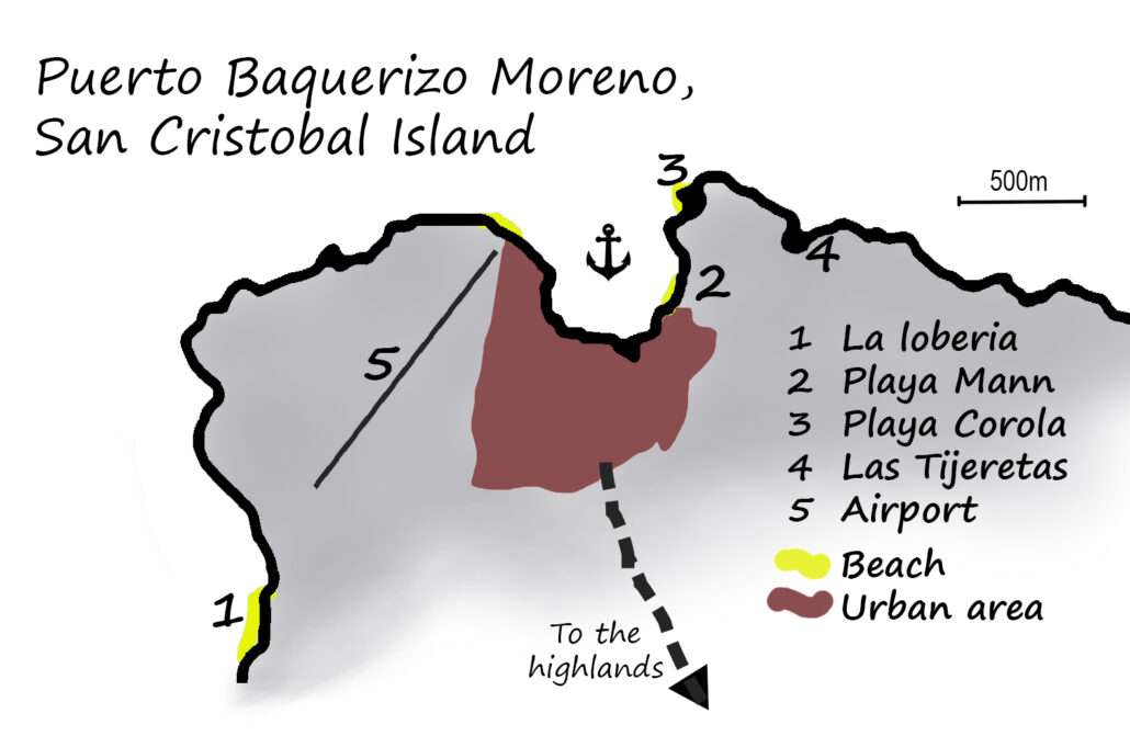 Map of Puerto Baquerizo Moreno showing La Lobería, Playa Mann, Punta Carola, Las Tijeretas and the airport