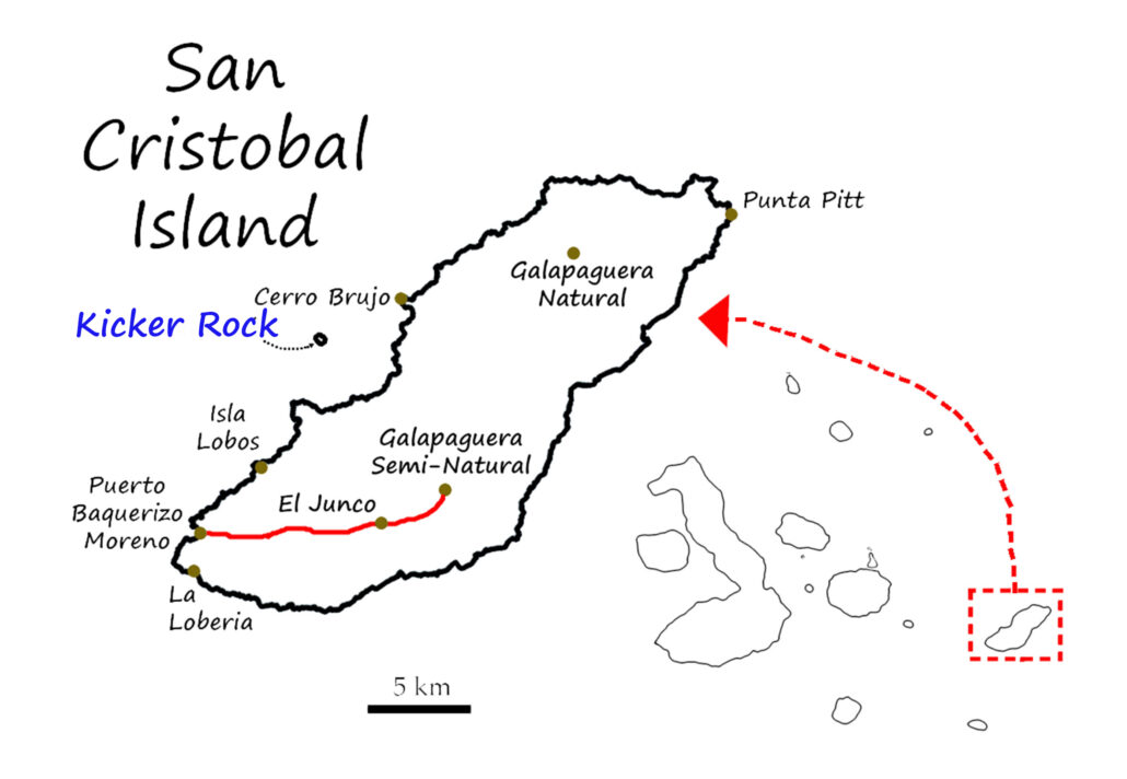 Map of San Cristóbal showing Puerto Baquerizo Moreno, El Junco, La Galapaguera and Puerto Chino