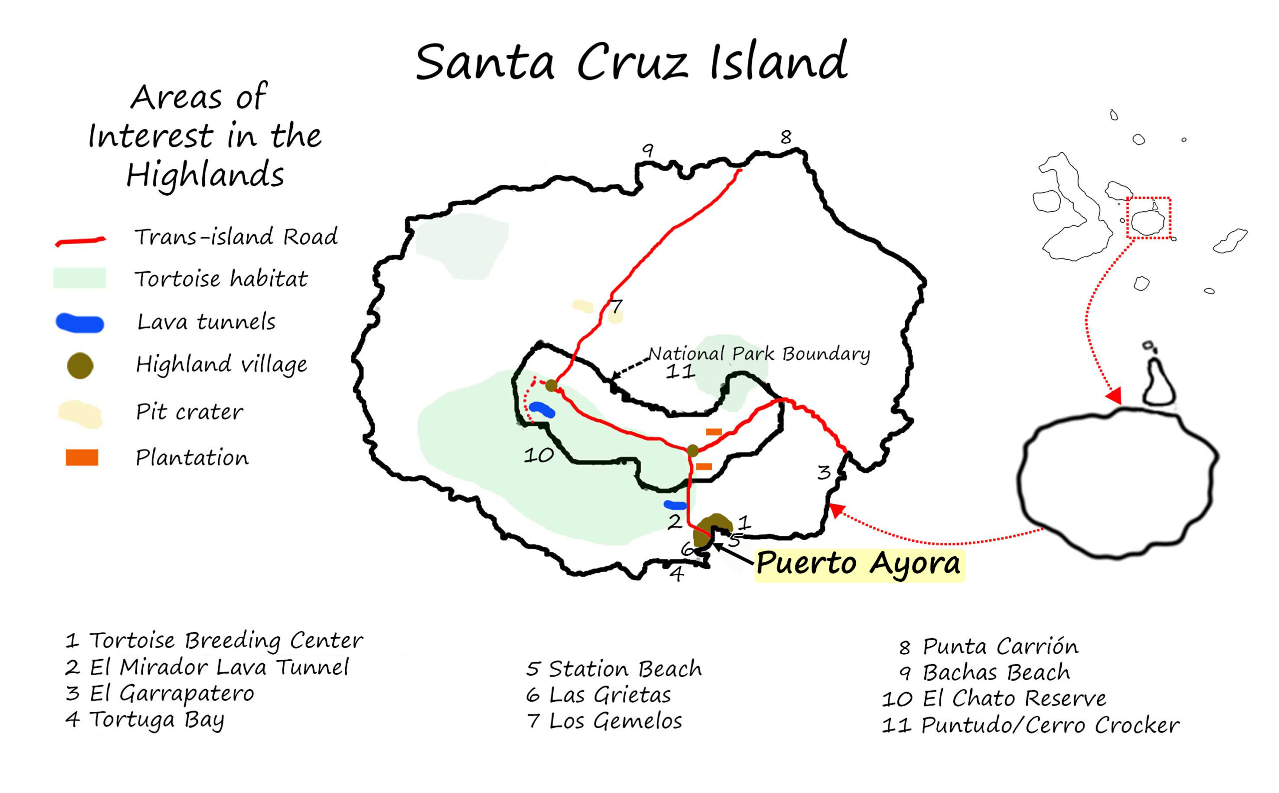 Map of Santa Cruz showing roads, highland habitats and numbered visitor sites.