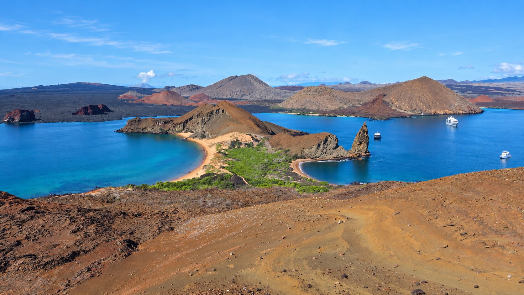 Pinnacle Rock and the twin bays of Bartolomé Island.