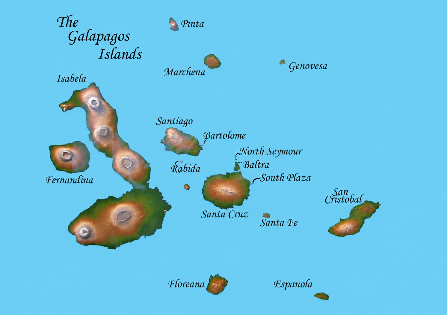 Painted map of the Galápagos Islands showing the four inhabited island towns and nearby visitor islands.