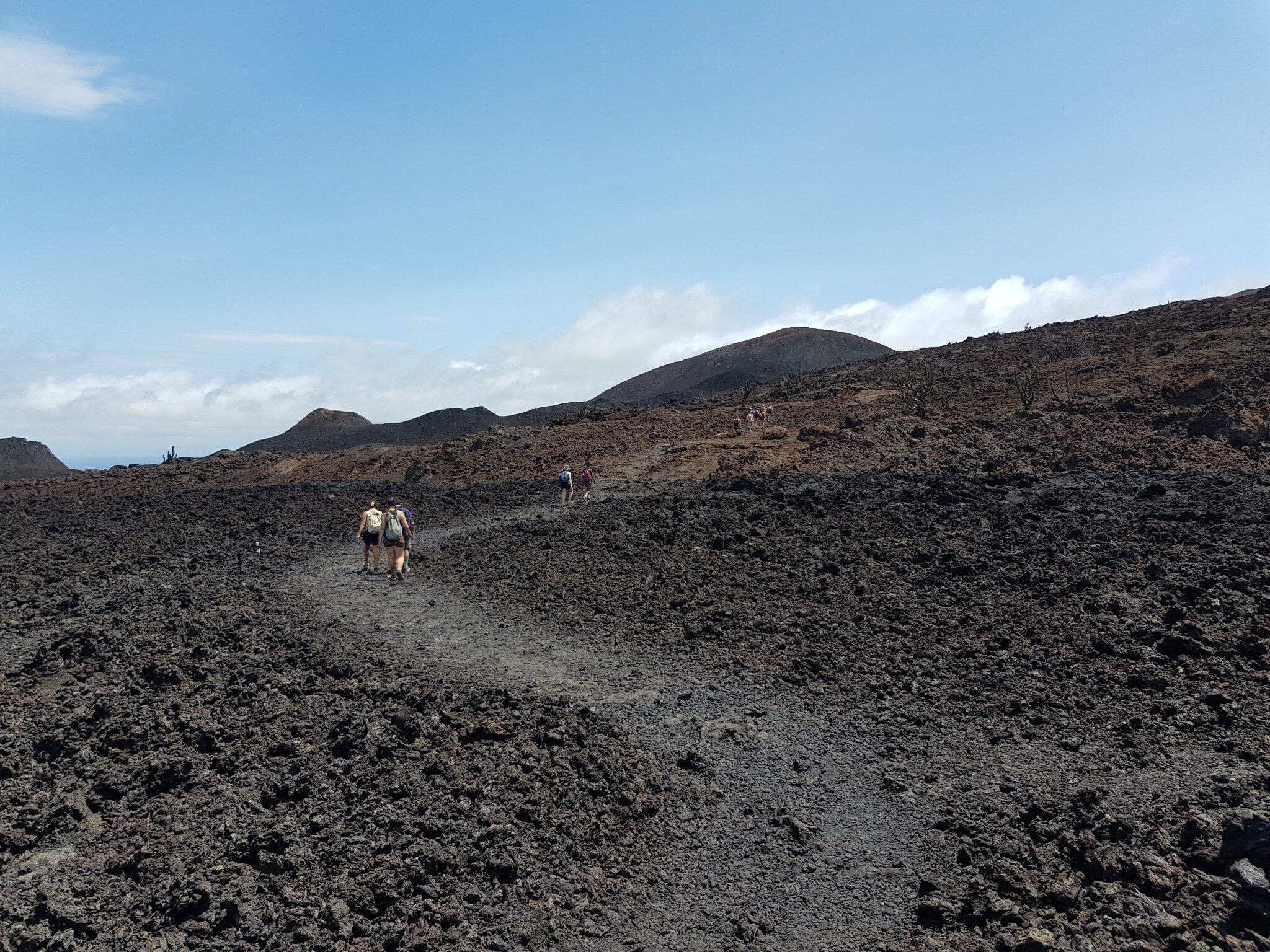 Hikers crossing the volcanic landscape near Volcán Chico.